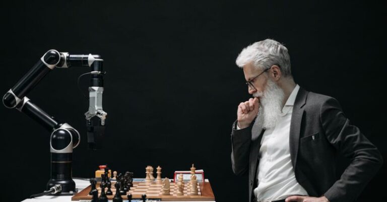AI Development - Elderly Man Thinking while Looking at a Chessboard